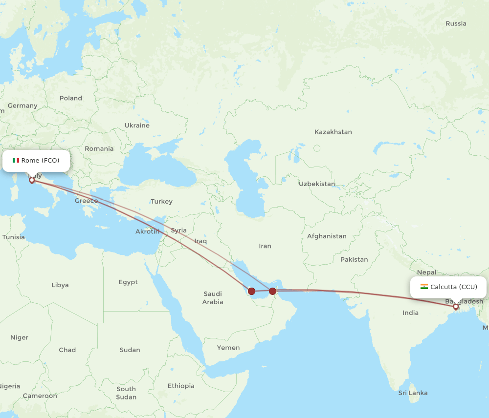 CCU to FCO flights and routes map