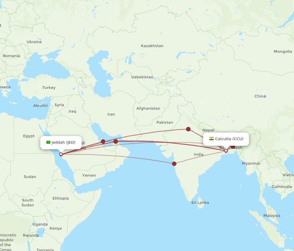 CCU to JED flights and routes map