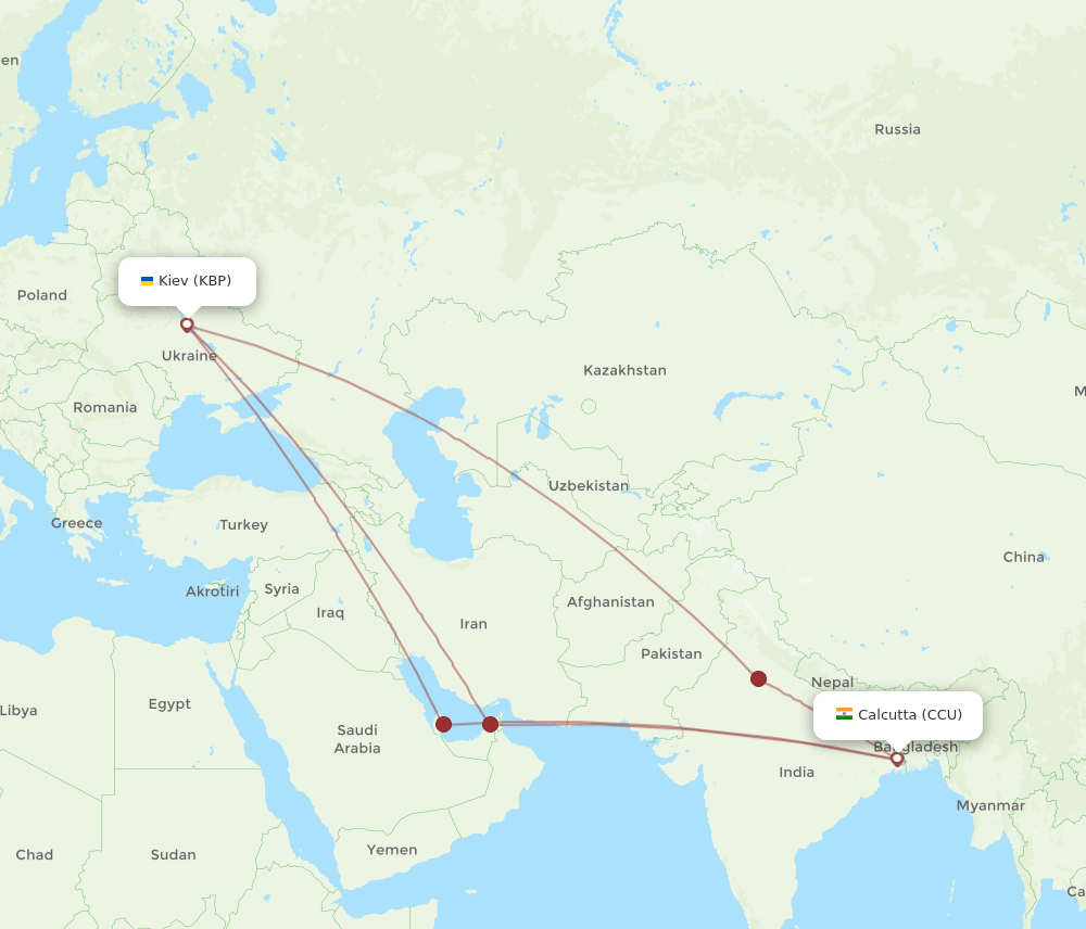 Kolkata - Kiev/Kyiv route map and flight paths