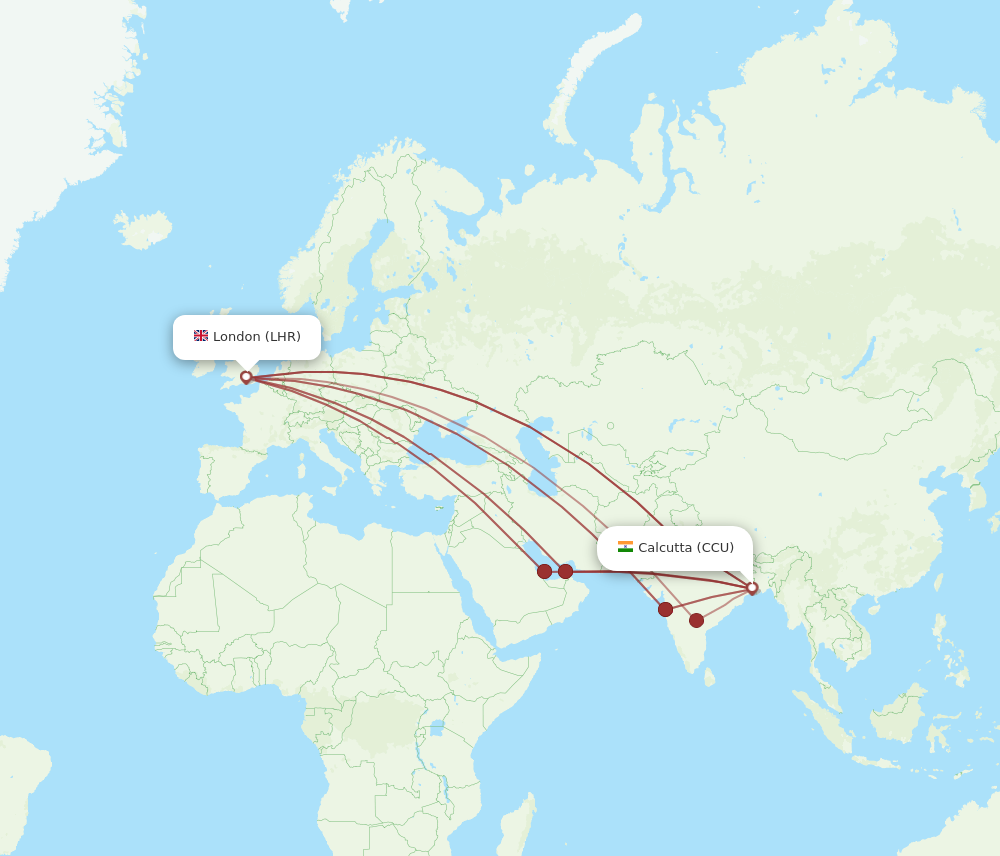 CCU to LHR flights and routes map