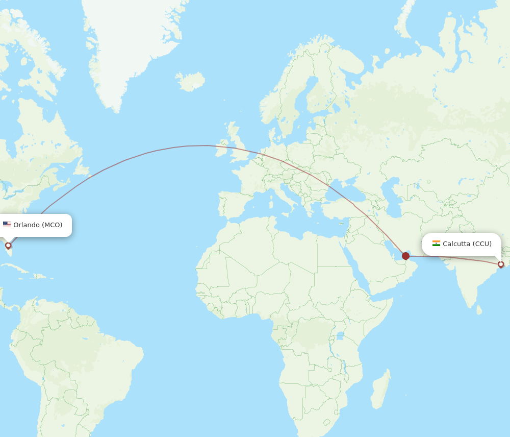 Orlando - Kolkata route map and flight paths