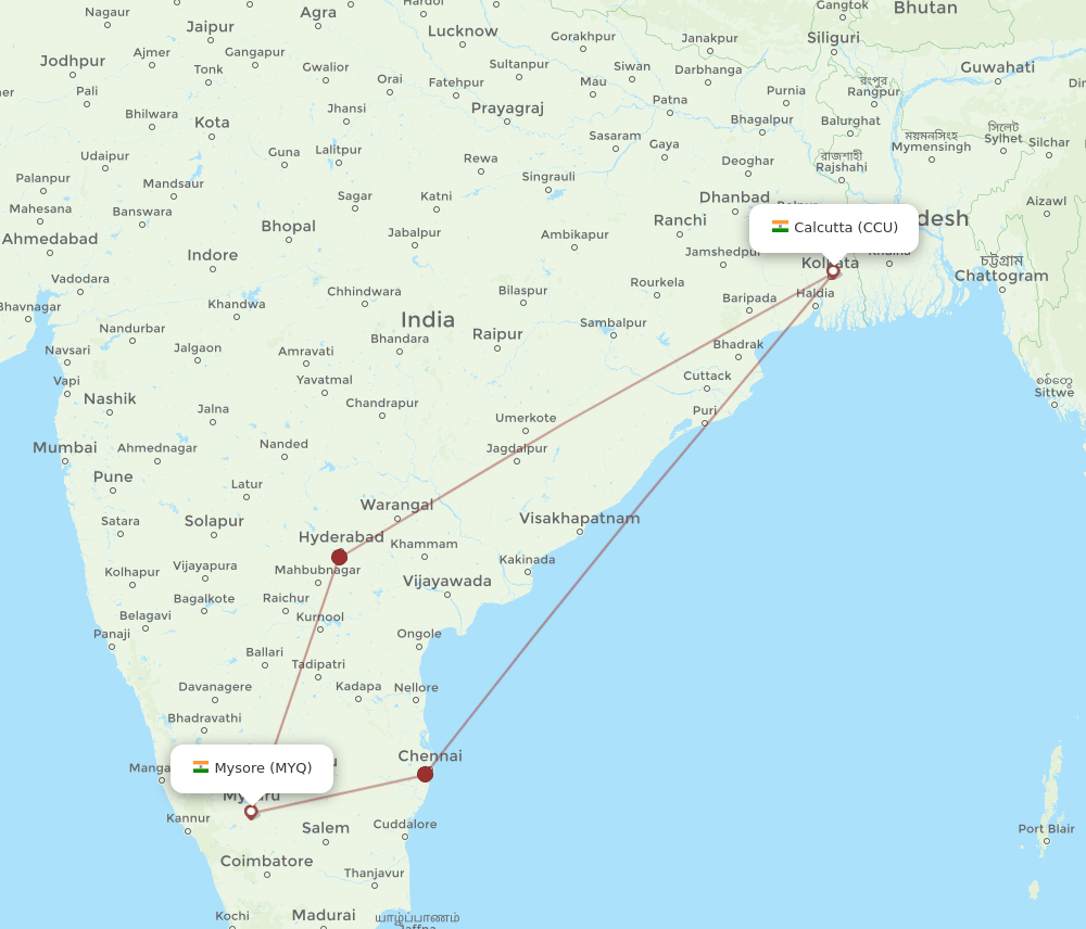 Kolkata - Mysore route map and flight paths
