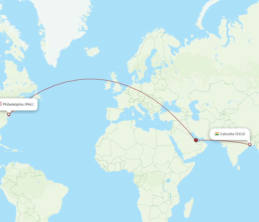 Kolkata - Philadelphia route map and flight paths