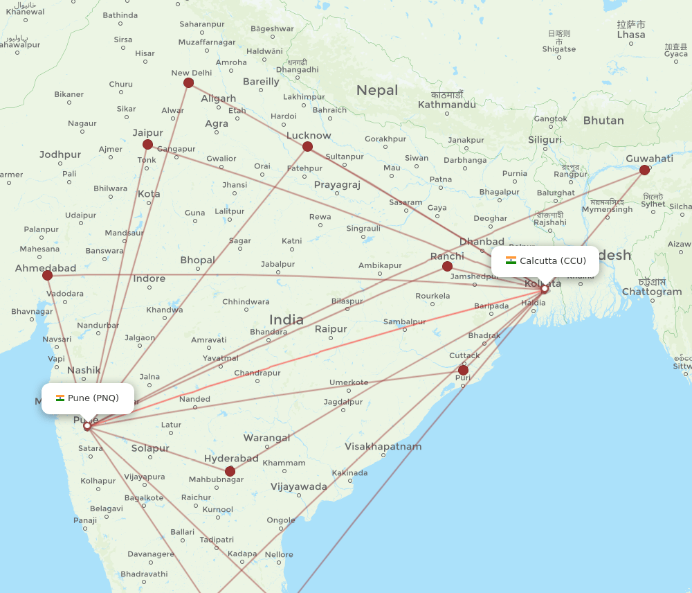 CCU to PNQ flights and routes map