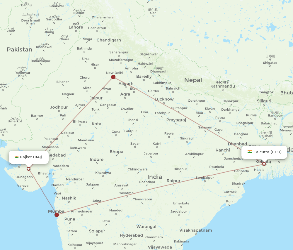 Kolkata - Rajkot route map and flight paths
