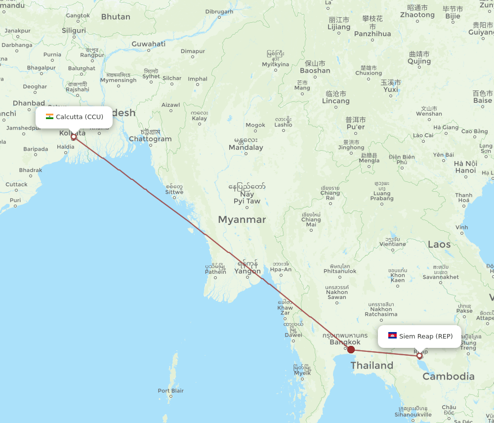 Kolkata - Siem Reap route map and flight paths