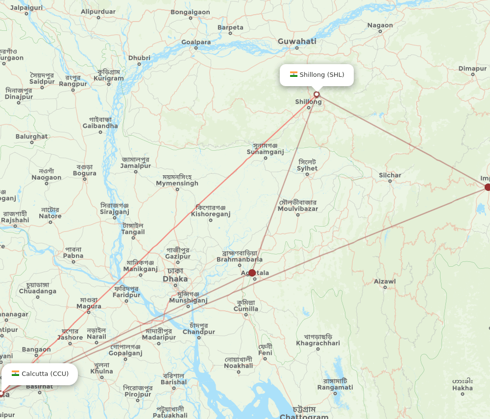 CCU to SHL flights and routes map