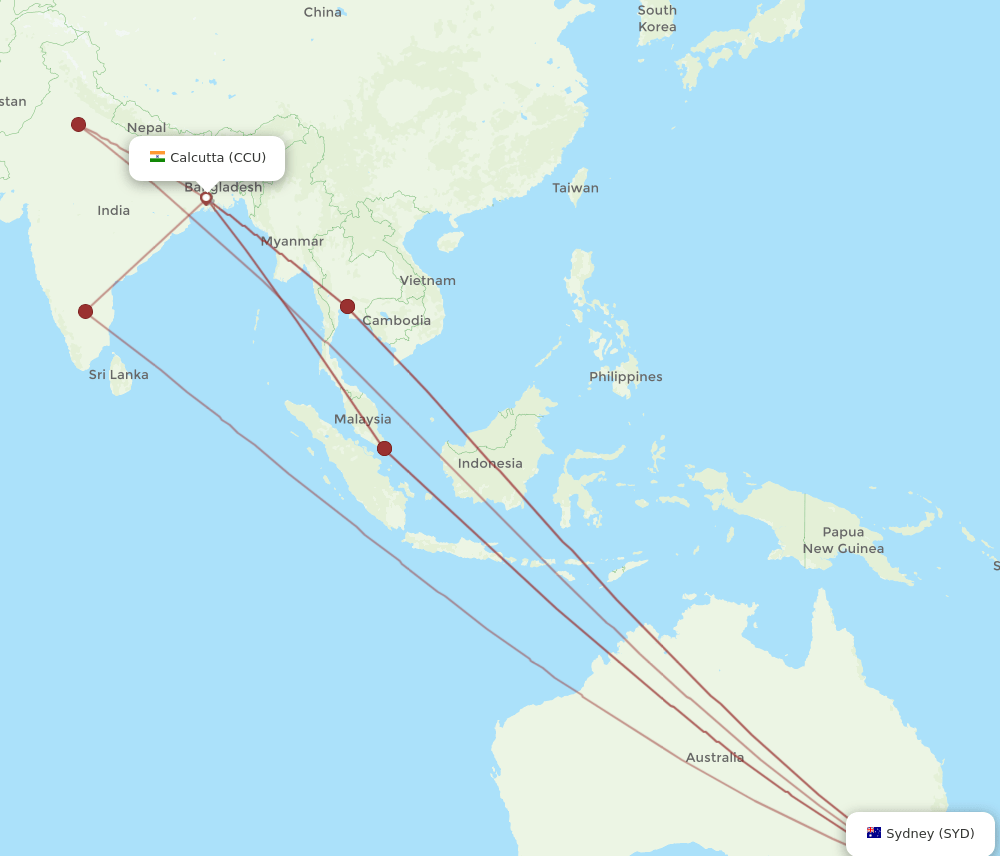 CCU-SYD flight routes