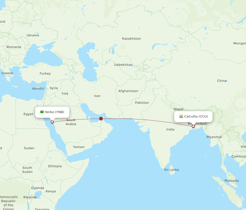Yanbu - Kolkata route map and flight paths
