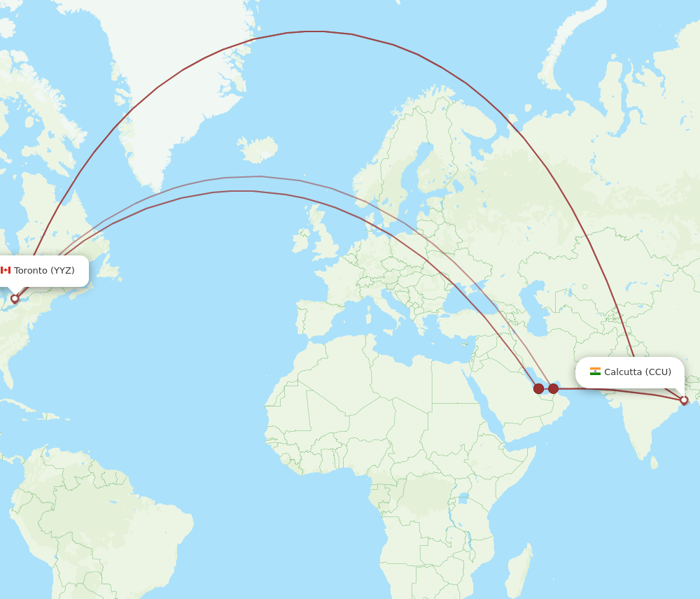 CCU to YYZ flights and routes map