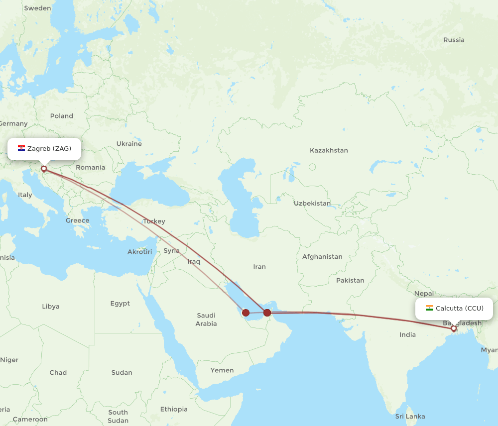 CCU-ZAG flight routes