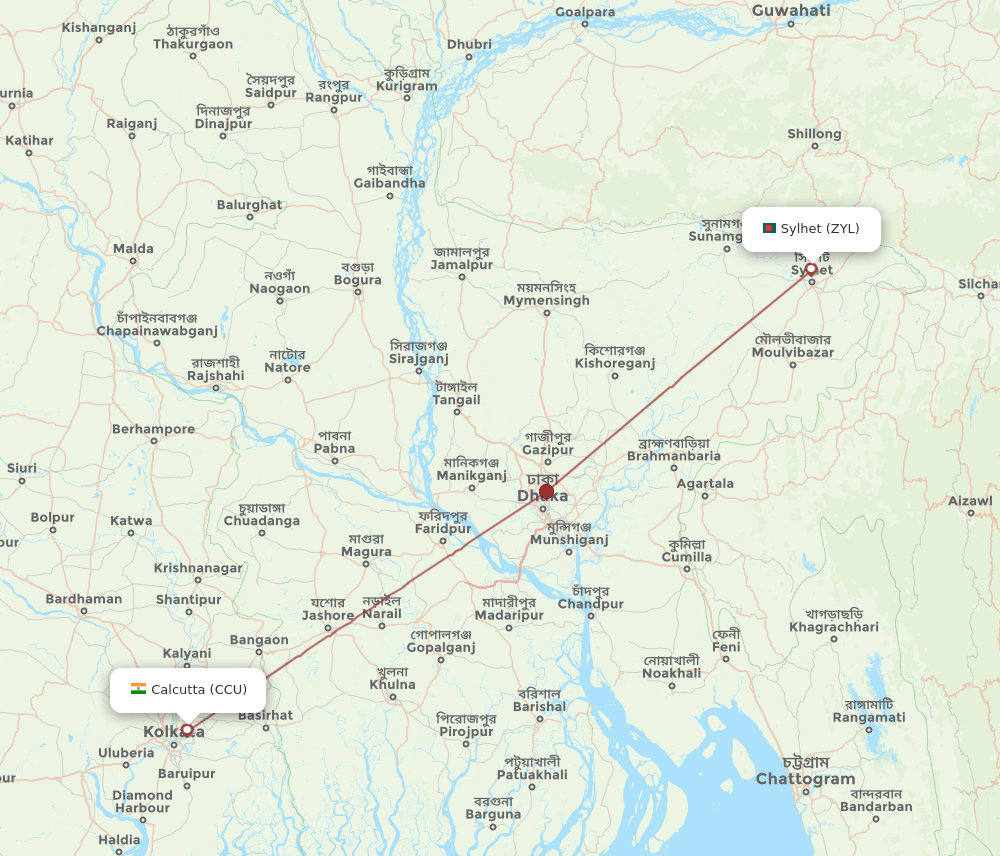 Sylhet - Kolkata route map and flight paths