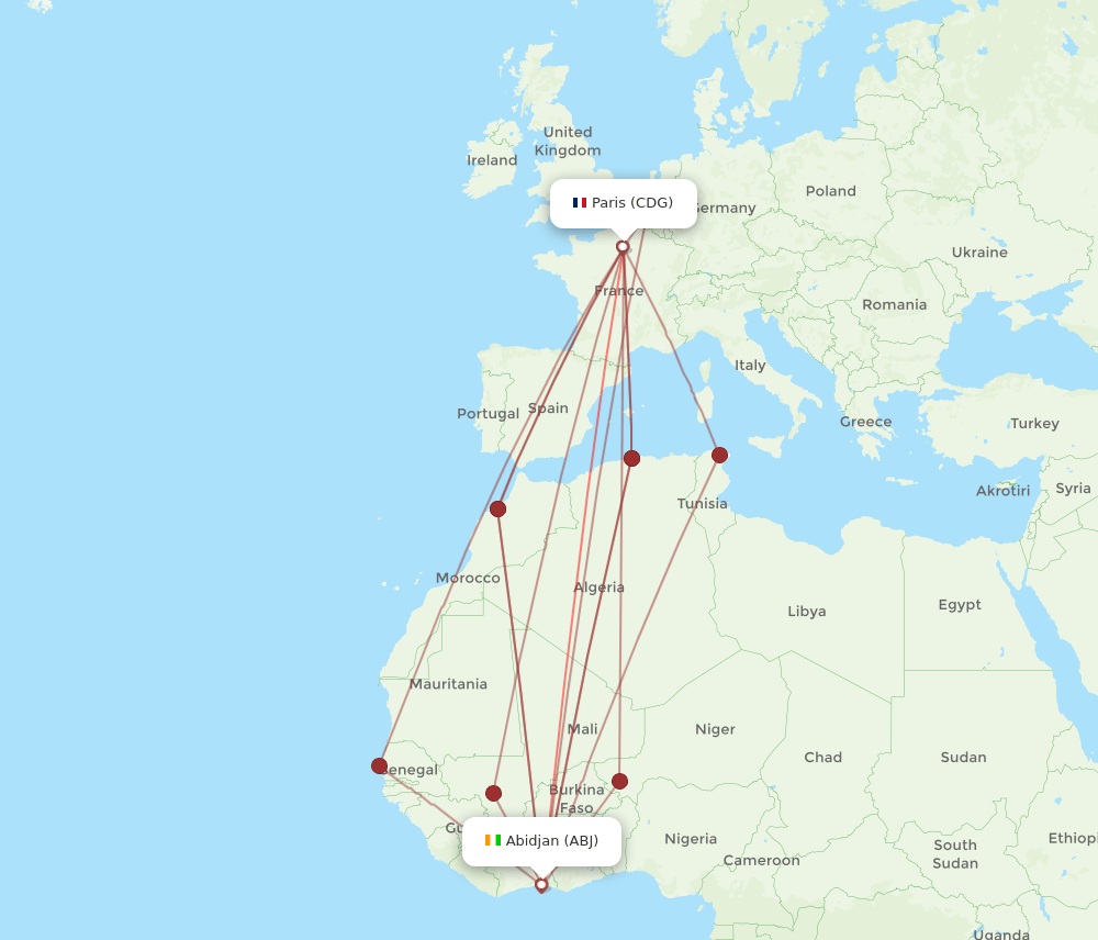 CDG to ABJ flights and routes map