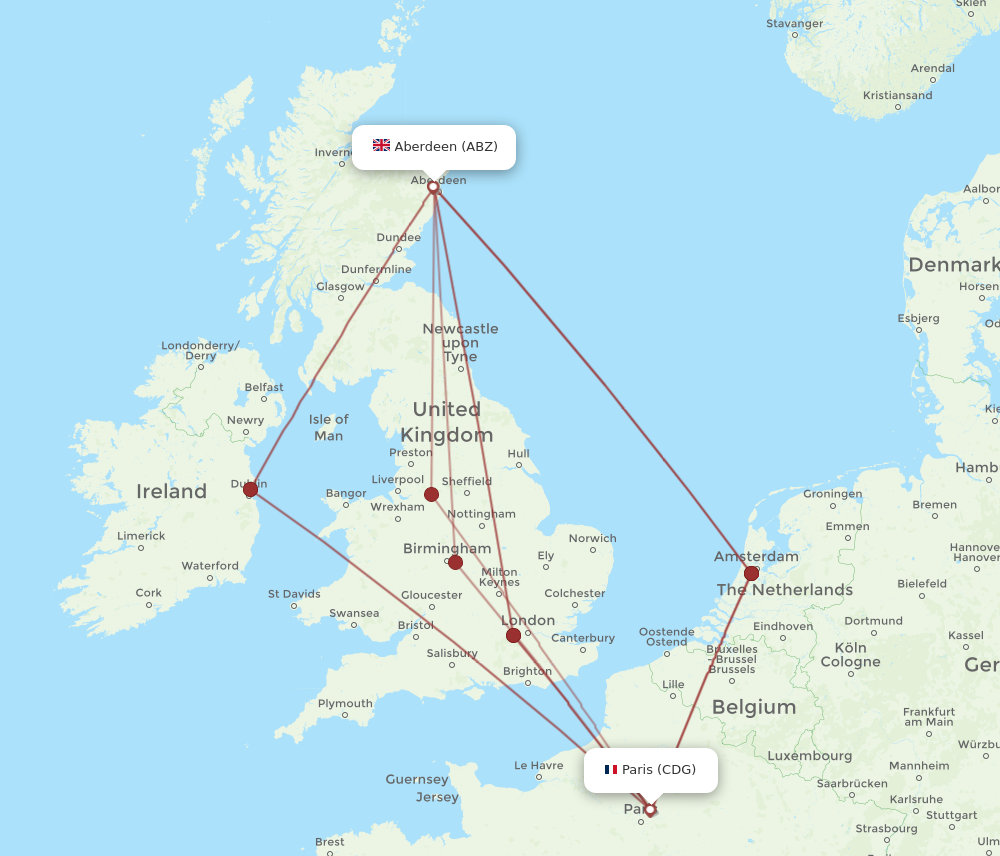 CDG to ABZ flights and routes map