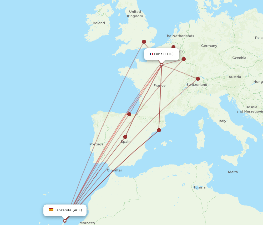 CDG to ACE flights and routes map