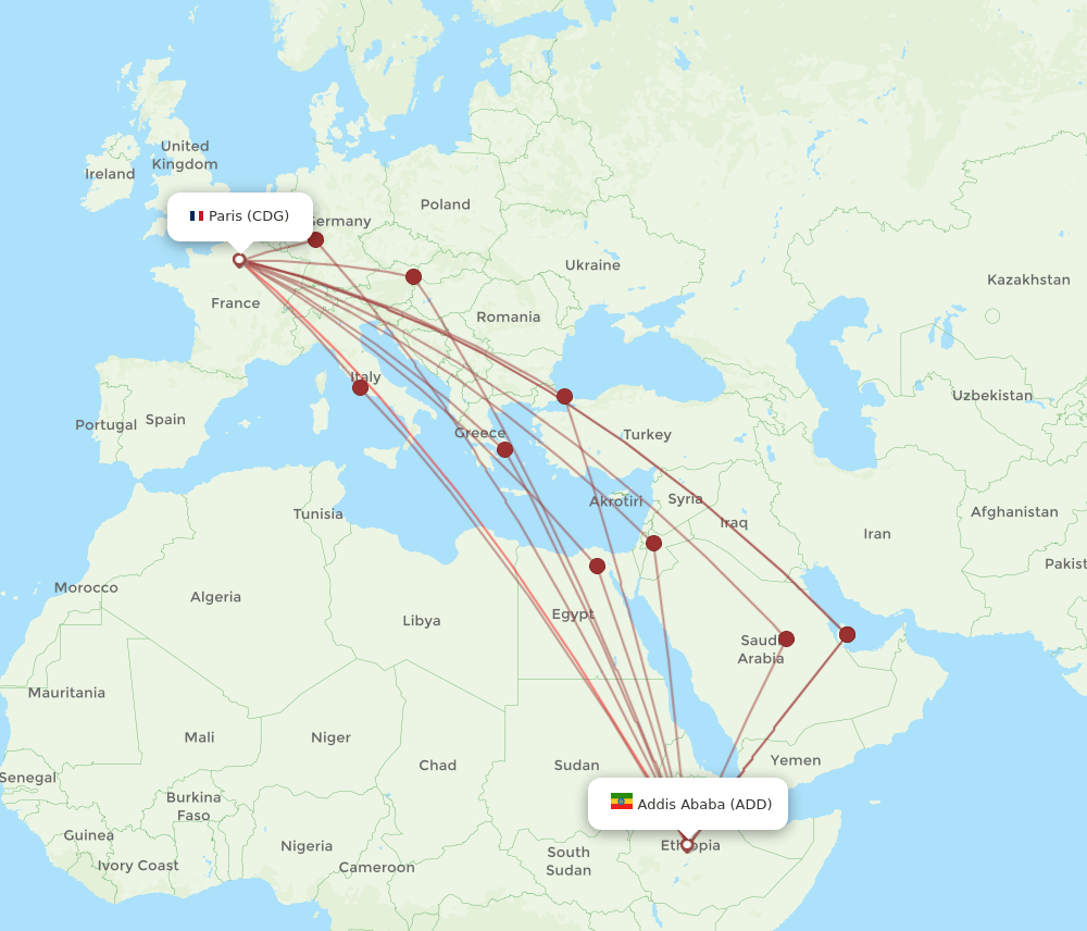 CDG to ADD flights and routes map