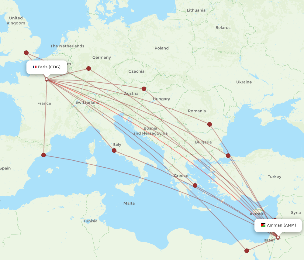 CDG to AMM flights and routes map