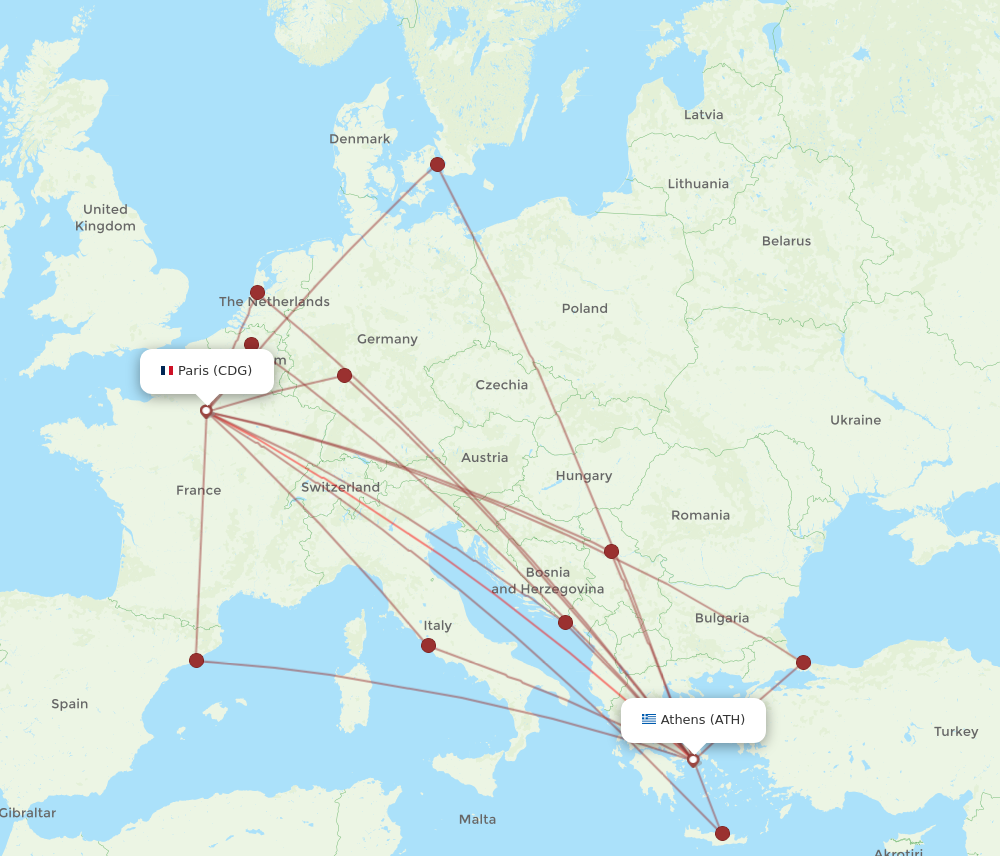 CDG to ATH flights and routes map