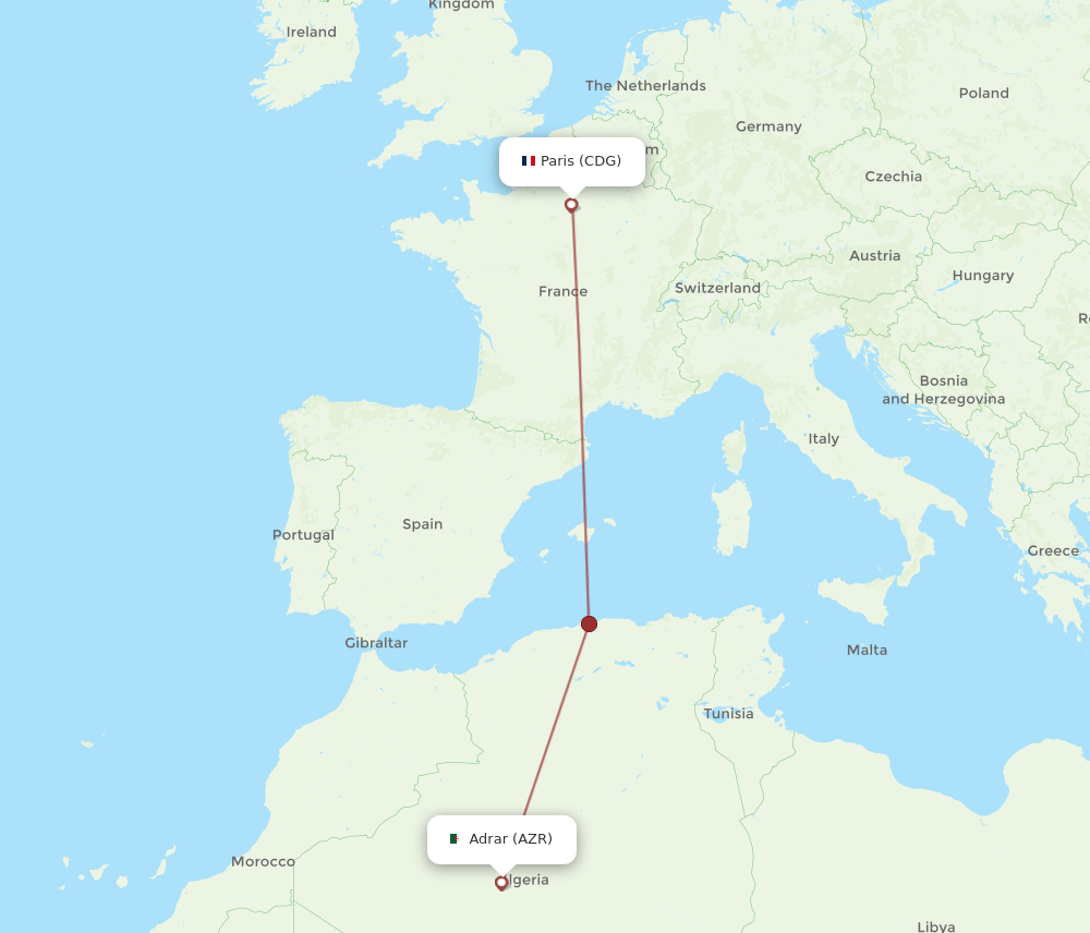 CDG to AZR flights and routes map