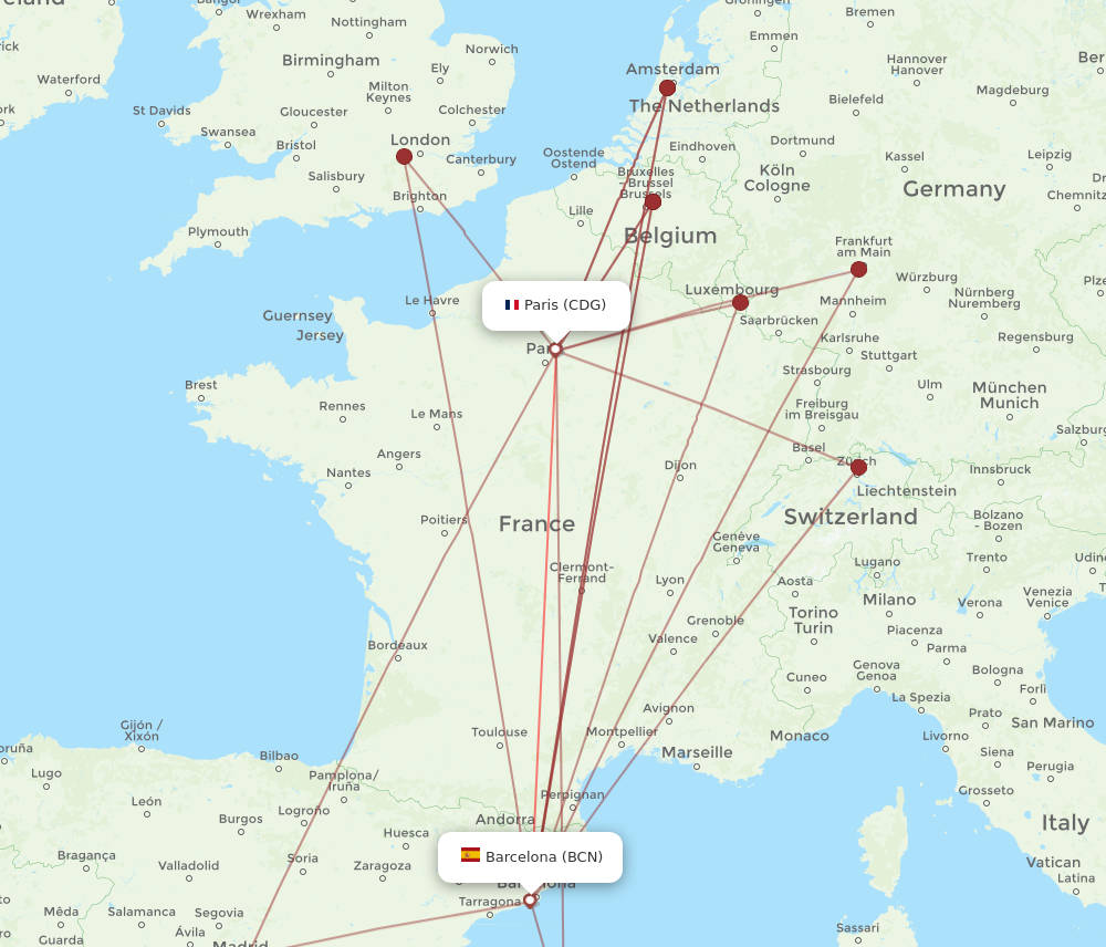 CDG to BCN flights and routes map