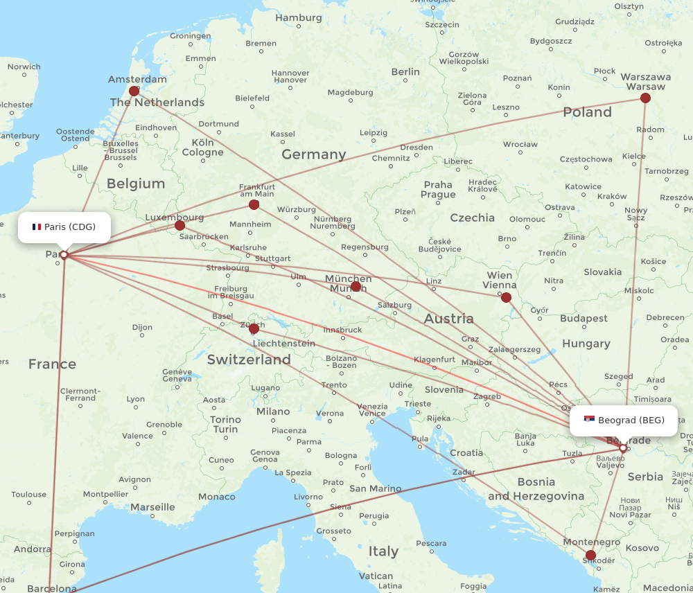 CDG-BEG flight routes
