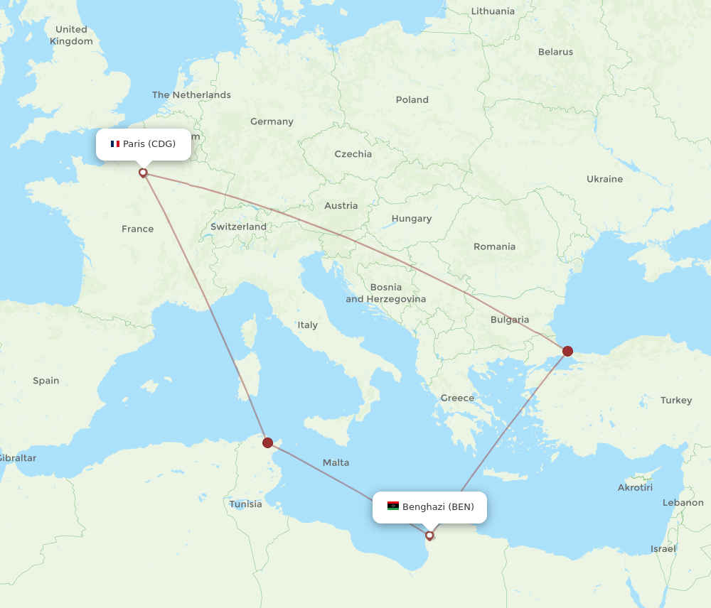 CDG to BEN flights and routes map