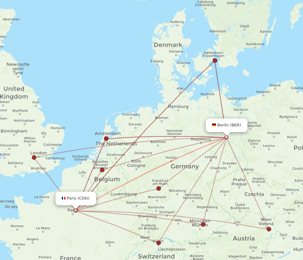 CDG to BER flights and routes map