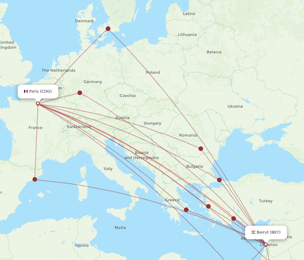 CDG to BEY flights and routes map