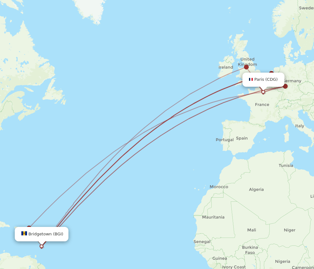 CDG-BGI flight routes