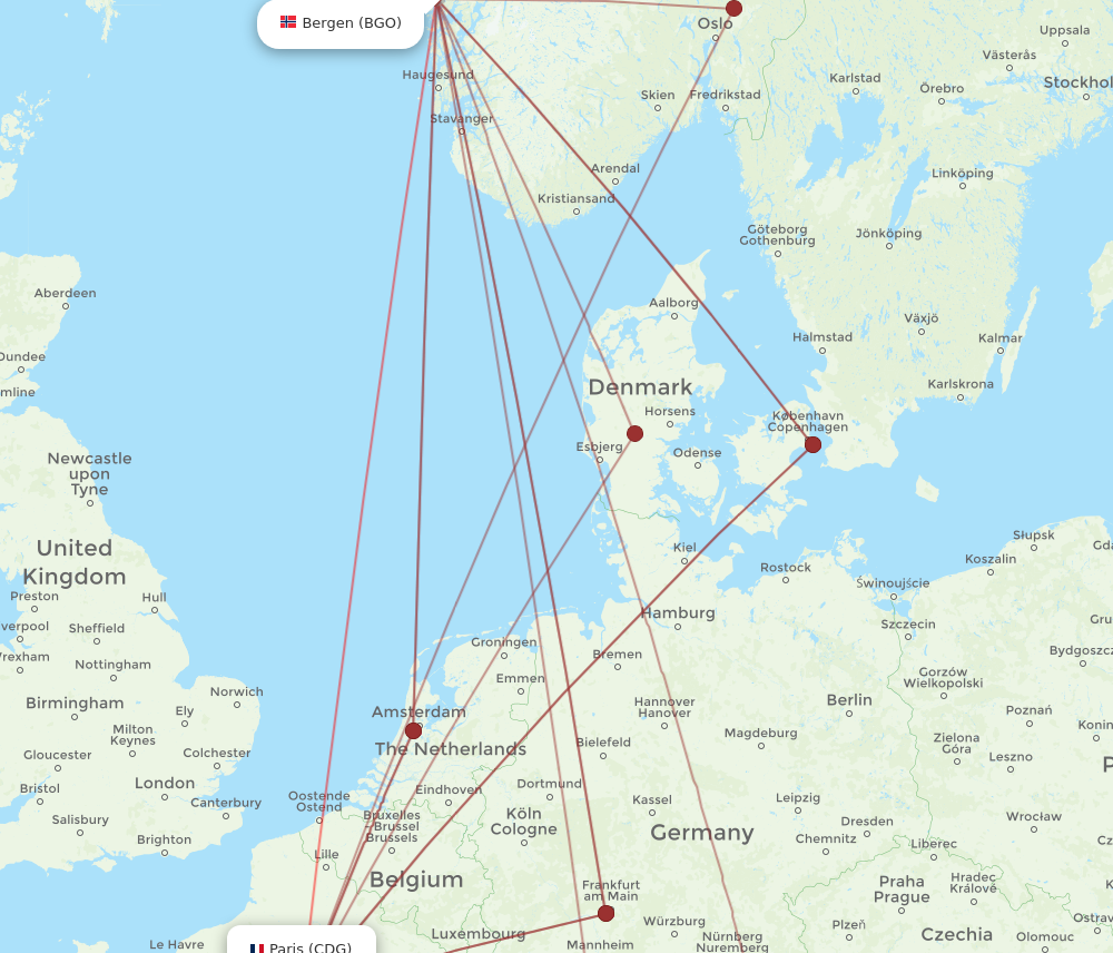 CDG to BGO flights and routes map