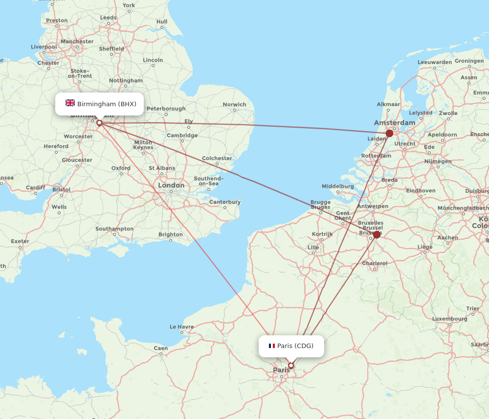 CDG to BHX flights and routes map