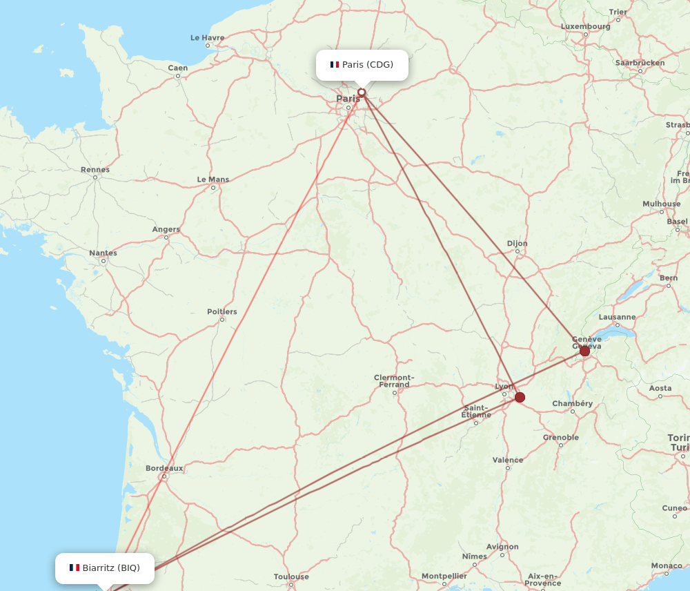 CDG to BIQ flights and routes map