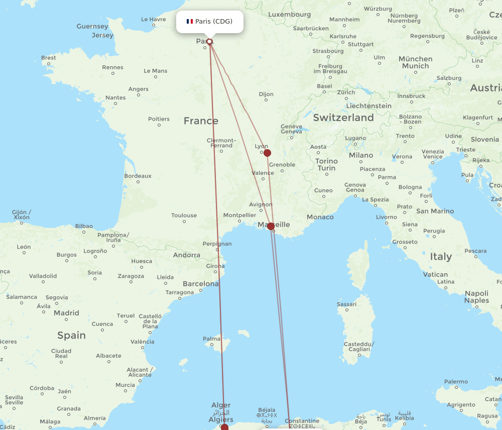 CDG to BLJ flights and routes map