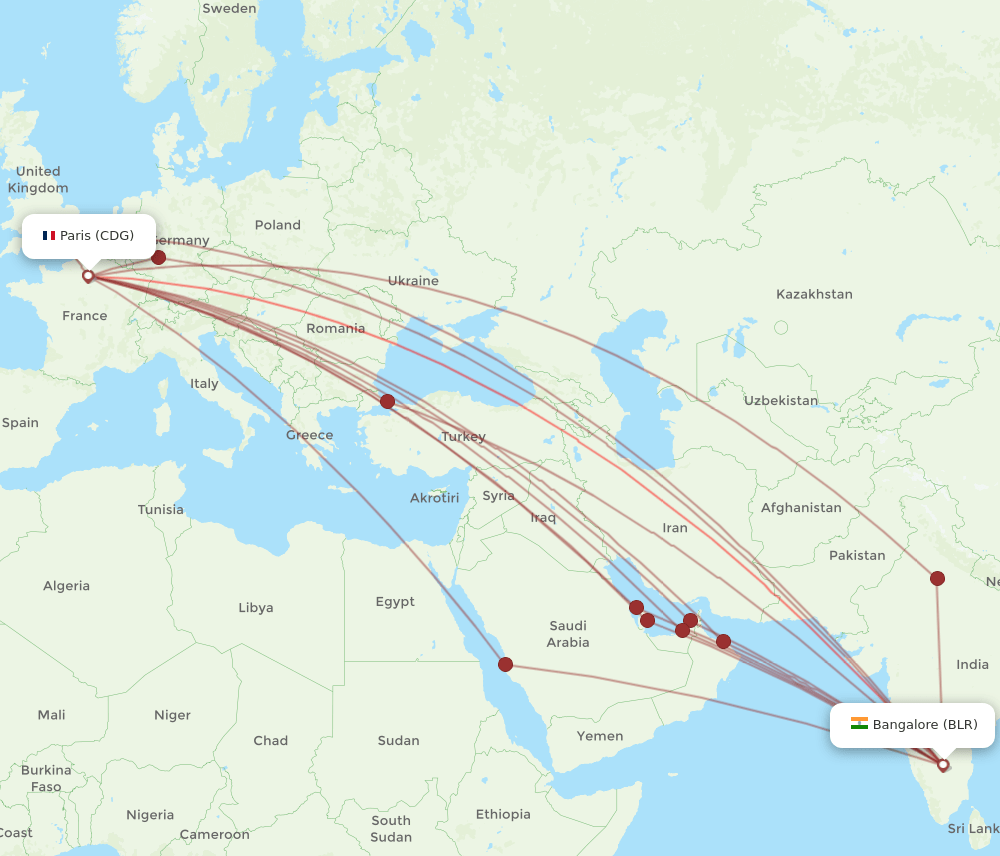 CDG-BLR flight routes