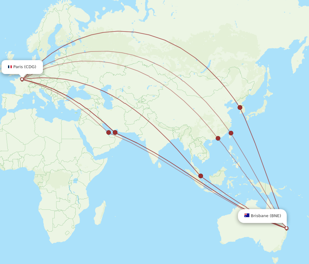 CDG to BNE flights and routes map