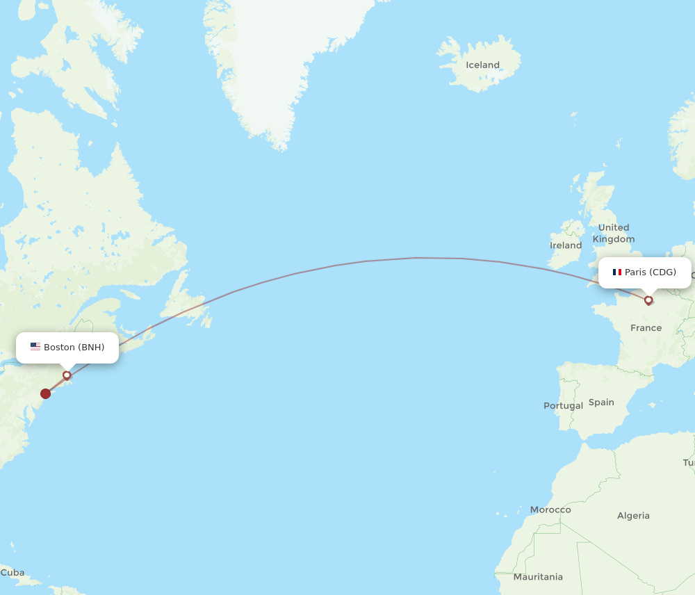 Paris - Boston route map and flight paths