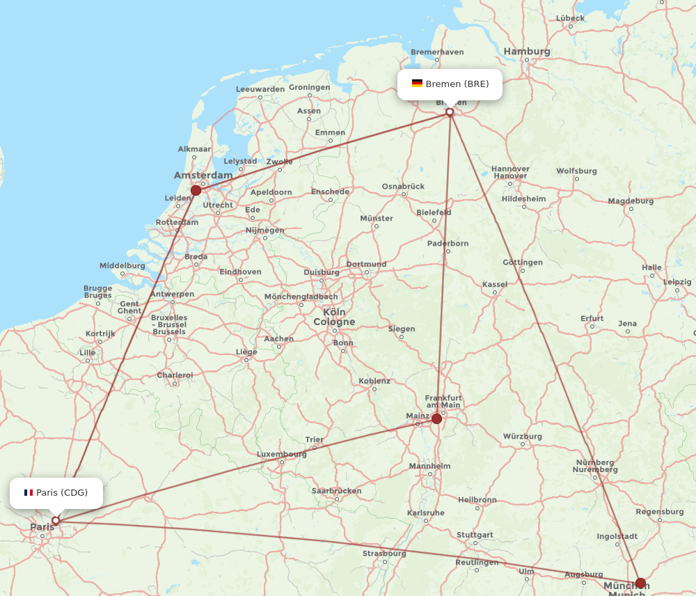 CDG to BRE flights and routes map
