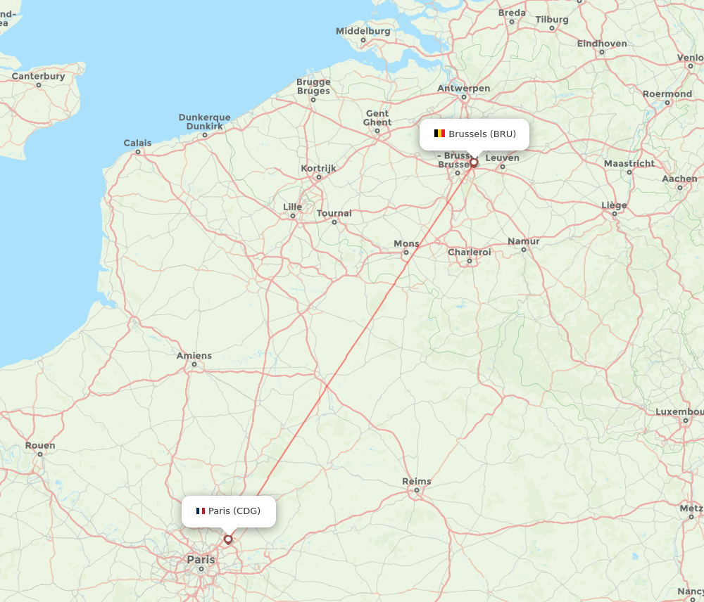 Paris - Brussels route map and flight paths