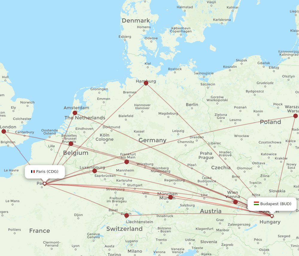 CDG to BUD flights and routes map