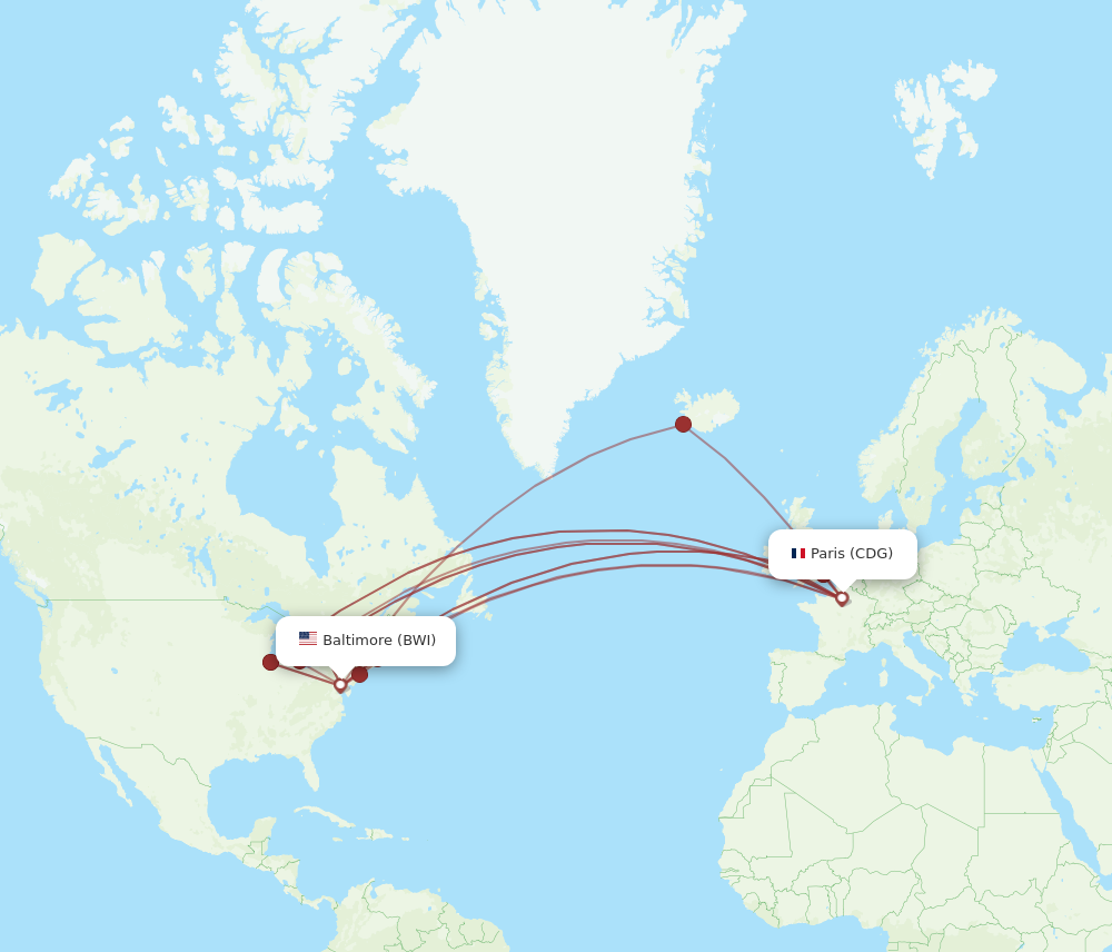 CDG to BWI flights and routes map
