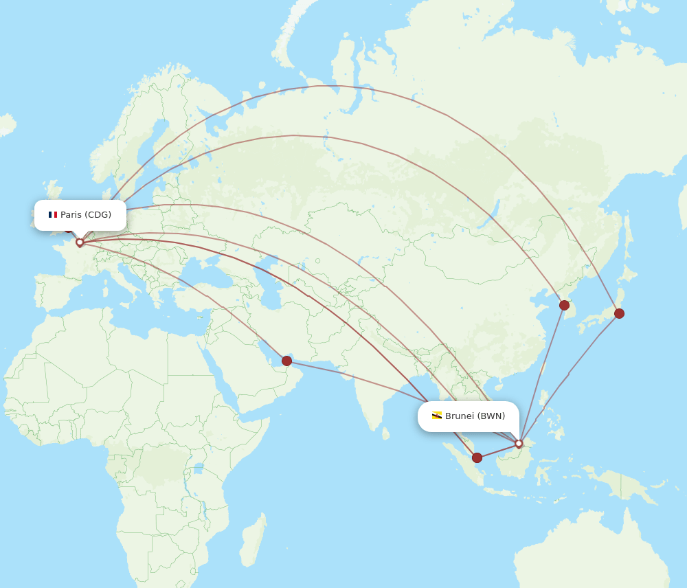 CDG to BWN flights and routes map