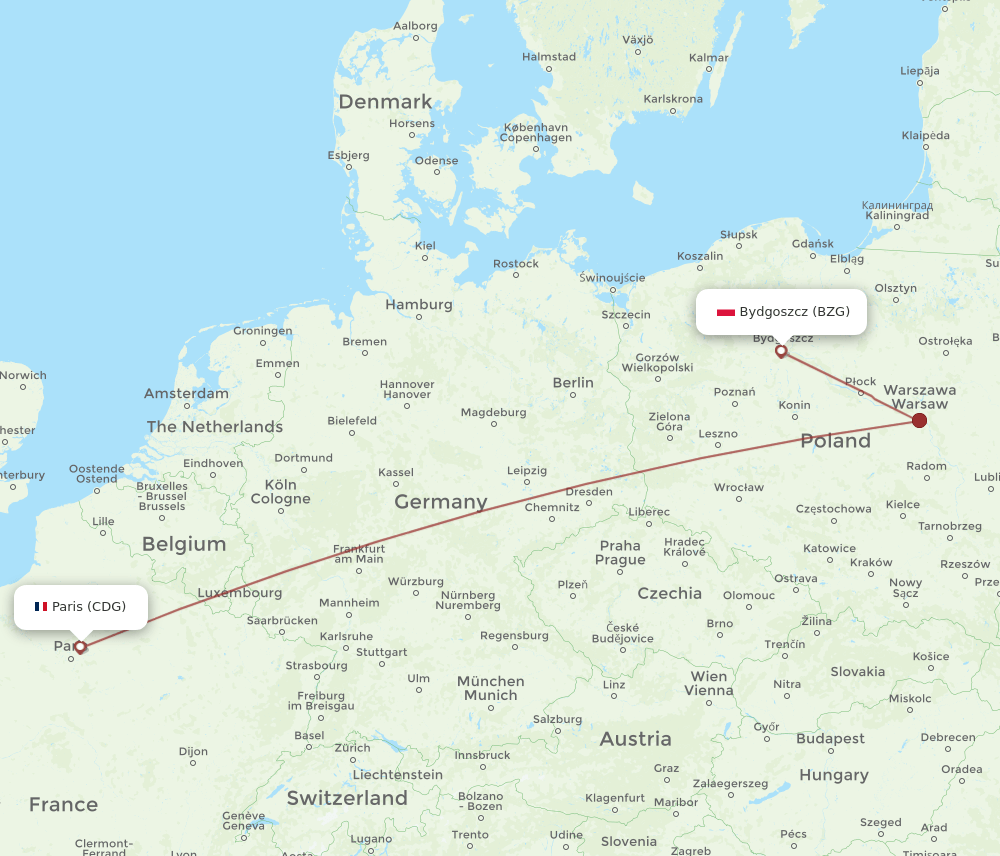 CDG-BZG flight routes