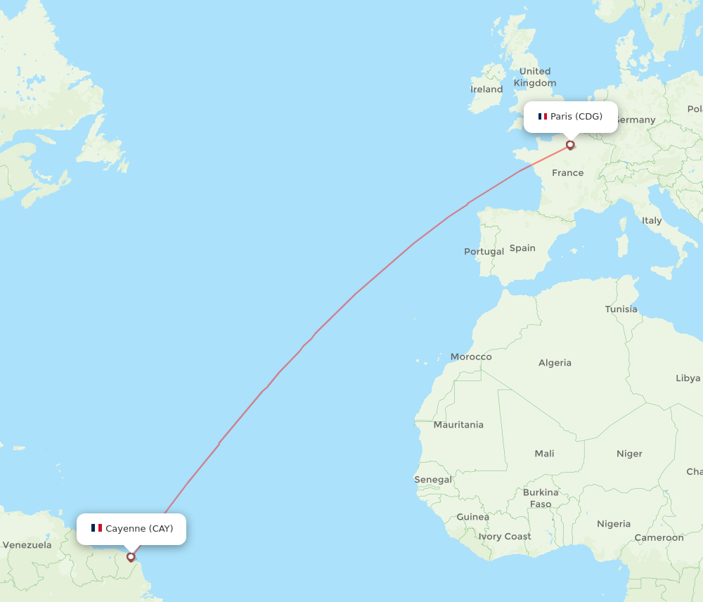 Paris - Cayenne route map and flight paths