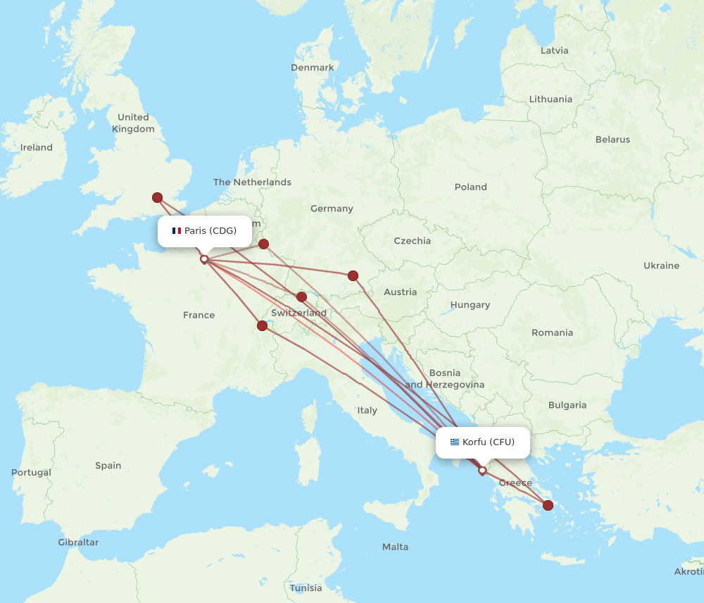 CDG to CFU flights and routes map