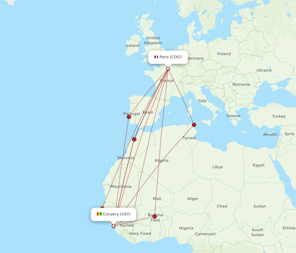 CDG to CKY flights and routes map