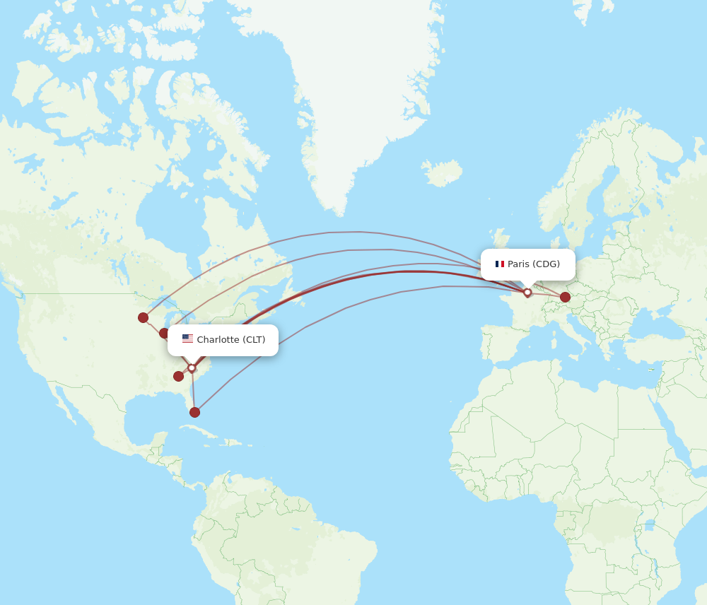 CDG to CLT flights and routes map
