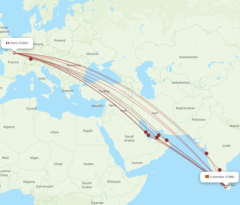CDG to CMB flights and routes map