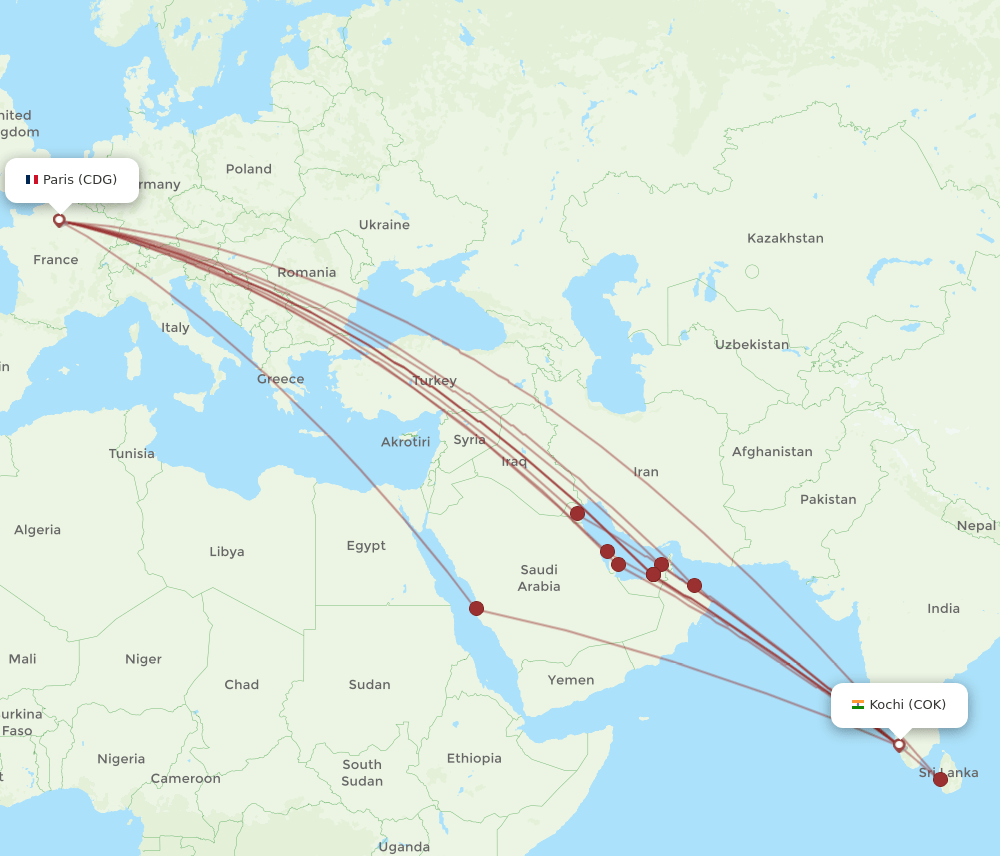 CDG-COK flight routes
