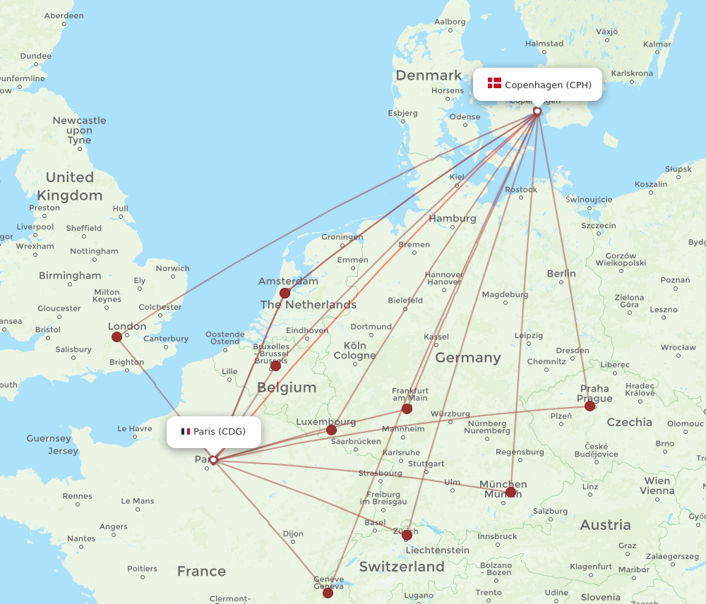 CDG to CPH flights and routes map