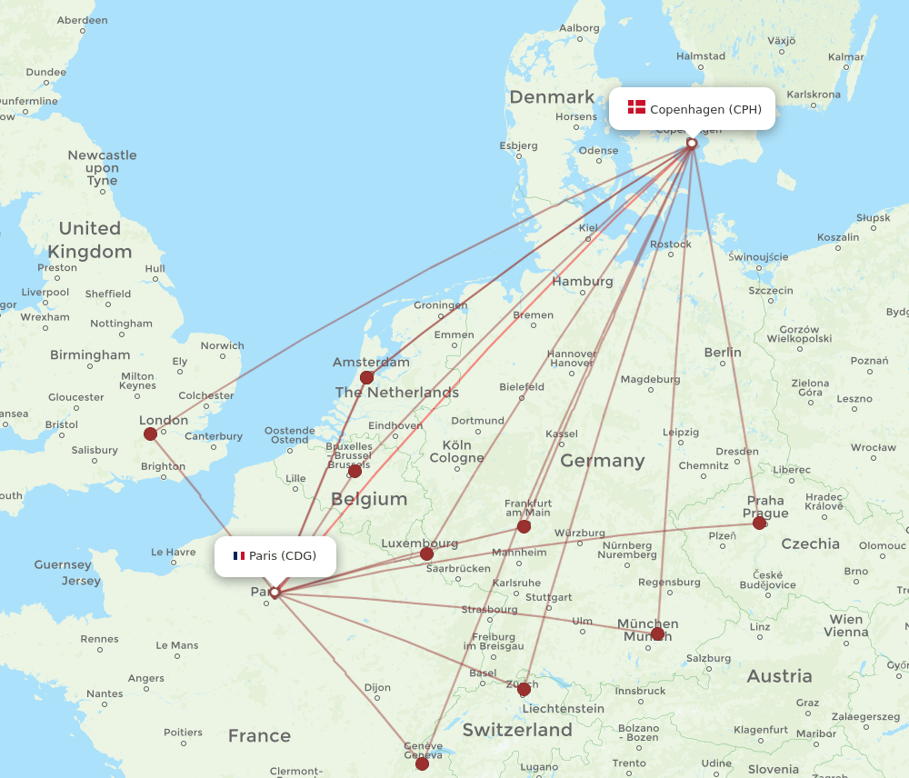 CDG-CPH flight routes
